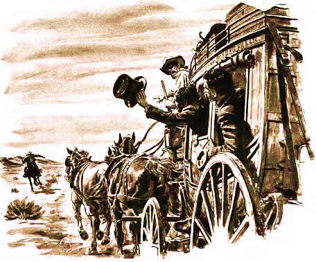 sketch of old stagecoach with its passengers hanging out to wave at a pony express rider